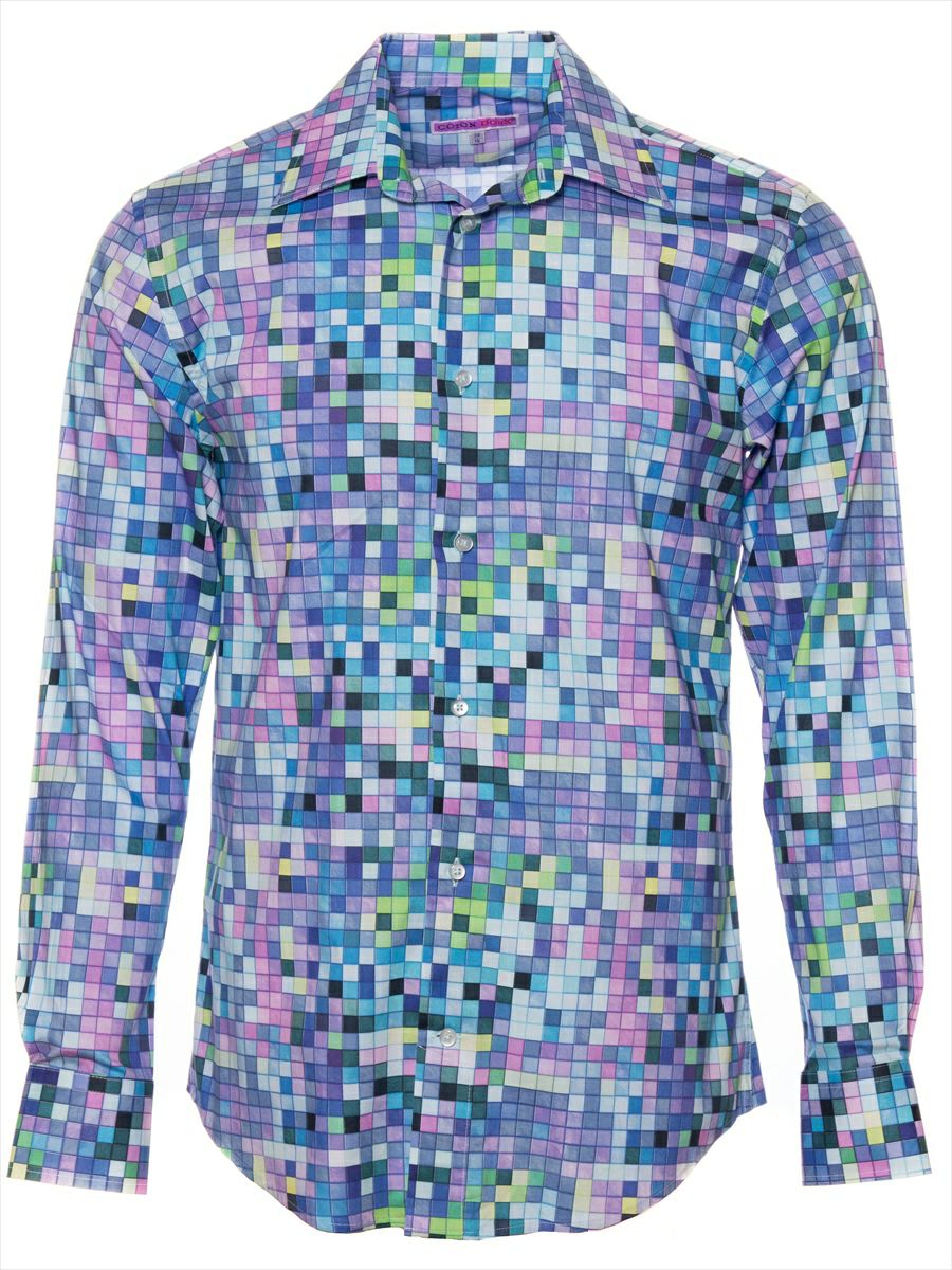 柄シャツ おしゃれ メンズ 紫 青 スクエア柄｜シャツ専門店パリのブランド・コトンドゥ/CotonDoux
