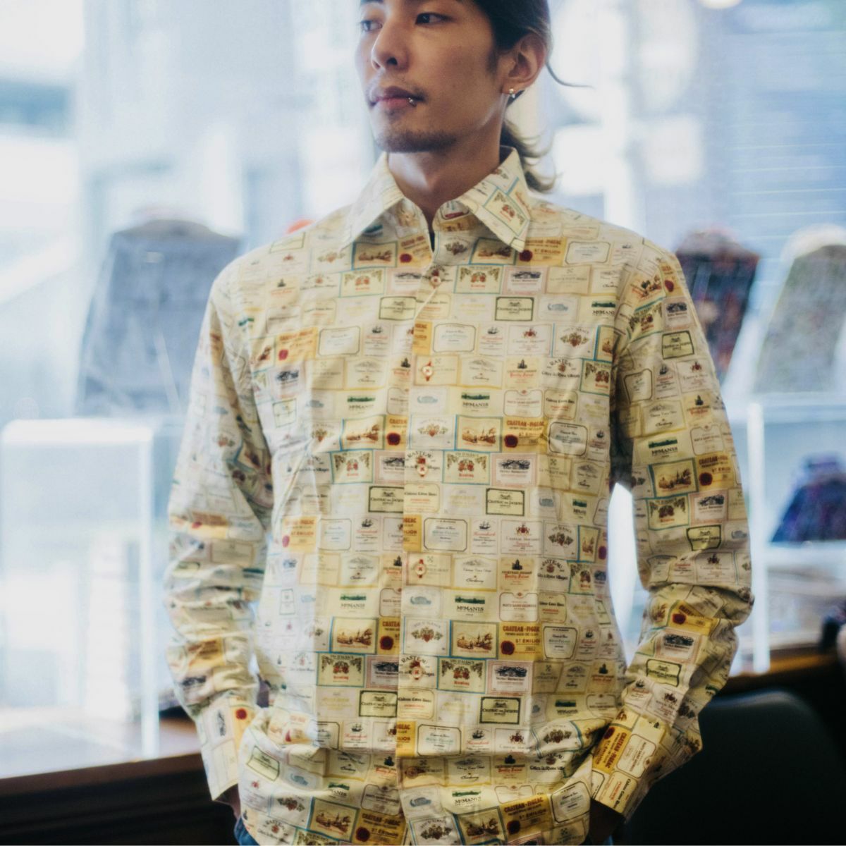 フランス ポプリン 綿素材 メンズ シャツ 柄シャツ 長袖 ワイン柄